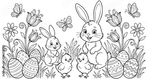 bunny painting easter egg and some flowers, coloring page ready to print on standard 8.5x11 inch paper. eps file.