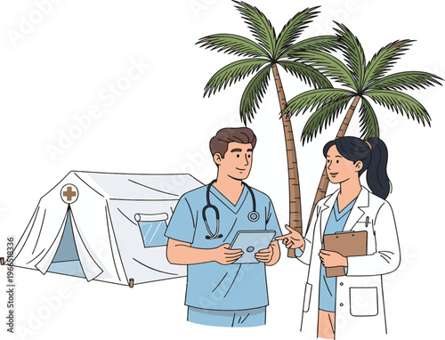 Two explorers discussing near a palm tree and a tent in a tropical setting Vector