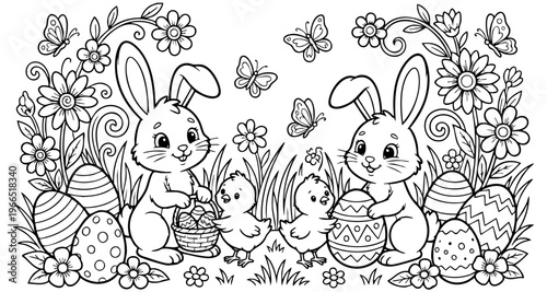 bunny painting easter egg and some flowers, coloring page ready to print on standard 8.5x11 inch paper. eps file.