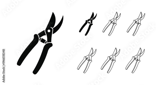 Black and white illustrations of pruning shears in various orientations