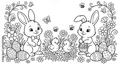 bunny painting easter egg and some flowers, coloring page ready to print on standard 8.5x11 inch paper. eps file.