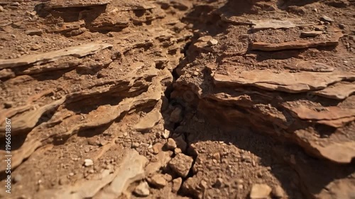 Rugged, layered red rock terrain with loose gravel, sunlit fissures, jagged and dusty desert ground
