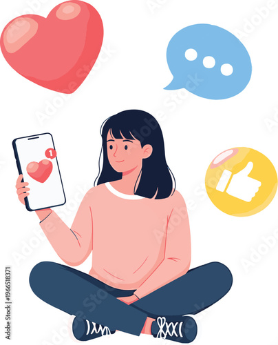 A young woman happily engaging with social media on her tablet surrounded by emojis and hearts Vector