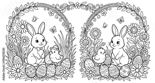 bunny painting easter egg and some flowers, coloring page ready to print on standard 8.5x11 inch paper. eps file.