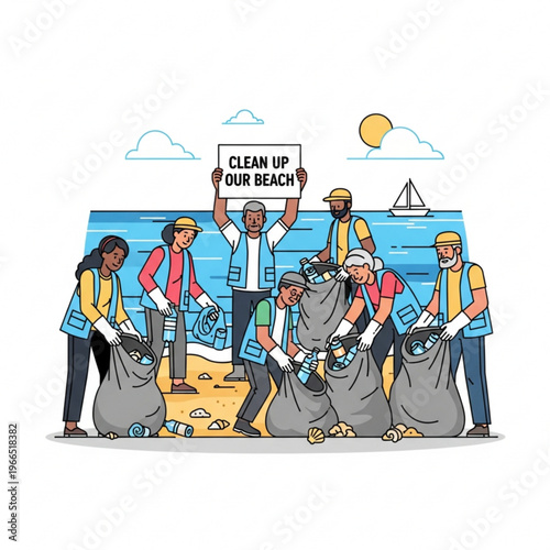 Flat vector illustration of volunteers cleaning up a beach, picking up litter, isolated on white background
