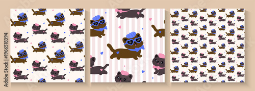 Set of Cute retro doodle cats. Funny abstract cat or kitten characters different poses, Seamless Pattern with Cute Cartoon Cat Design on White Background