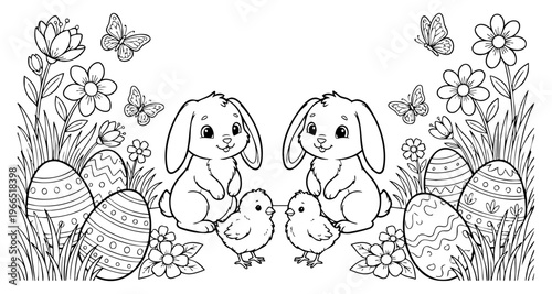 bunny painting easter egg and some flowers, coloring page ready to print on standard 8.5x11 inch paper. eps file.