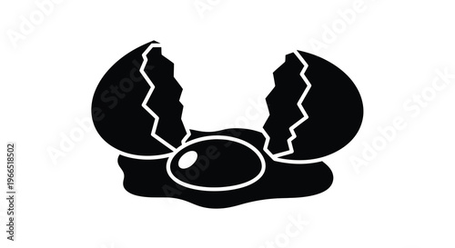 A broken eggshell with a yolk depicted in a simple black and white style