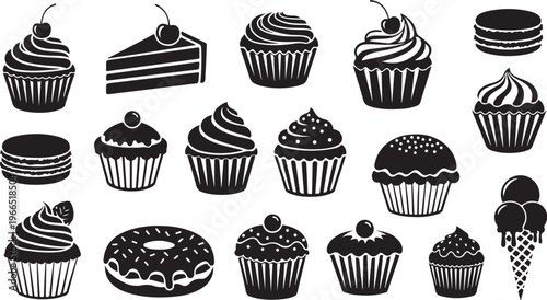 Black and white illustration of various sweet desserts and cupcakes