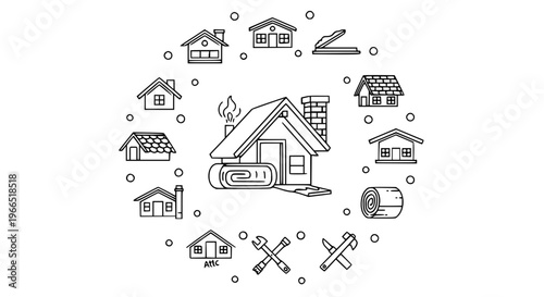 Modern roof outline icons collection with house roofing, repair, and construction illustrations