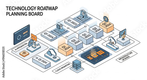 Technology Roadmap Planning Board Isometric Illustration for Strategic Development.