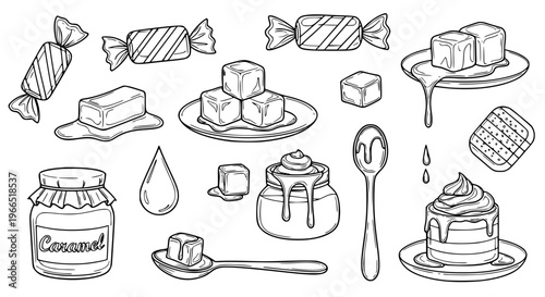 Detailed salted caramel outline icon set with candy, sauce drizzle, and dessert illustrations