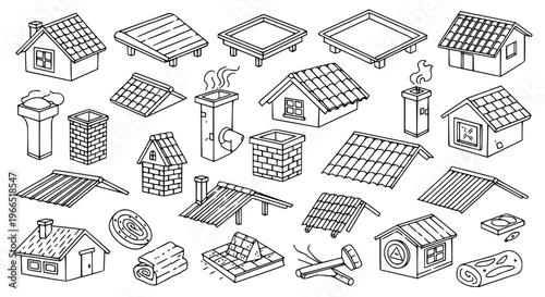 Detailed roof outline icon set with house roofing types, repair, and construction illustrations