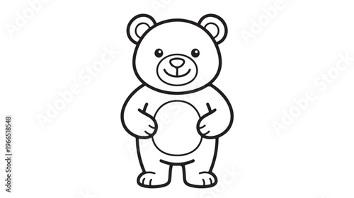 Simple black and white outline illustration of a cute cartoon teddy bear standing upright, perfect for children's books and coloring pages