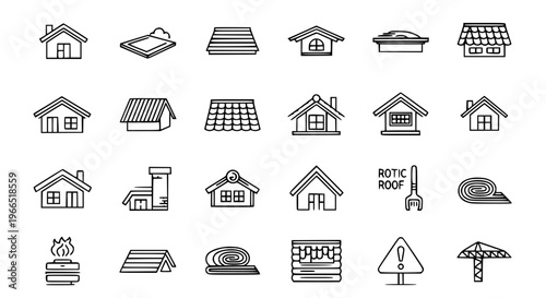 Minimal roof outline icon set with house roofing types, repair, and construction symbols