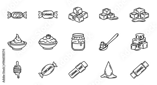 Minimal salted caramel outline icon set with candy, sauce drizzle, and dessert topping symbols