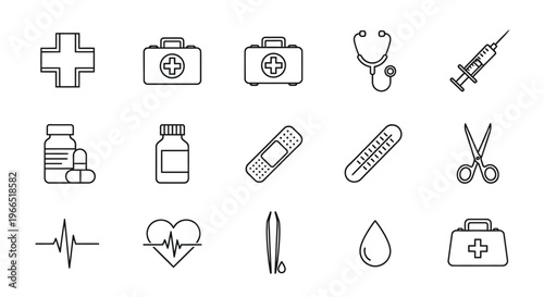 Medical icons depicting healthcare tools first aid and emergency services