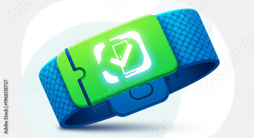Blue and Green Wearable Device with Checkmark Icon.