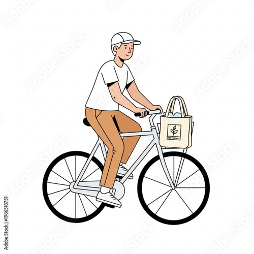Flat vector illustration of a person riding a bicycle with a reusable bag, promoting sustainable living, isolated on white background