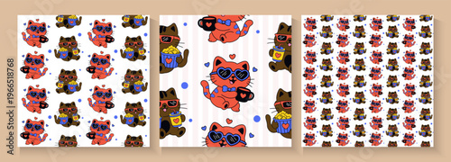 Set of Cute retro doodle cats. Funny abstract cat or kitten characters different poses, Seamless Pattern with Cute Cartoon Cat Design on White Background