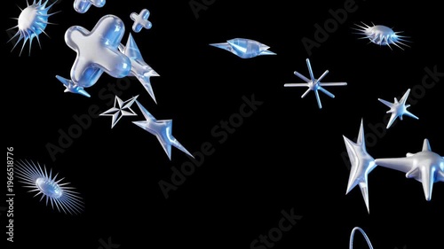Shimmering blue and white star shapes floating against a black background in motion video footage