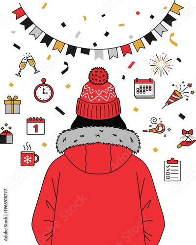 Child enjoying festive holiday decorations and holiday-themed accessories Vector