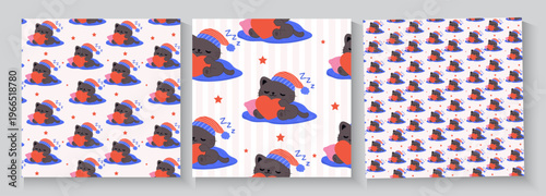 Set of Cute retro doodle cats. Funny abstract cat or kitten characters different poses, Seamless Pattern with Cute Cartoon Cat Design on White Background