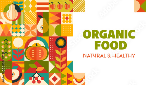 Organic fruits and vegetables, modern geometric pattern. Vector natural and healthy food mosaic tile background. Modern abstract grid featuring apple, pumpkin, pear, berry and wheat fresh farm produce