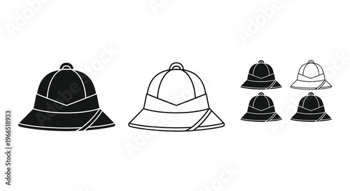 Various depictions of pith helmets in black and white illustrations