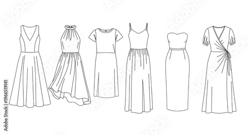 Line art illustrations of six different women s dress designs