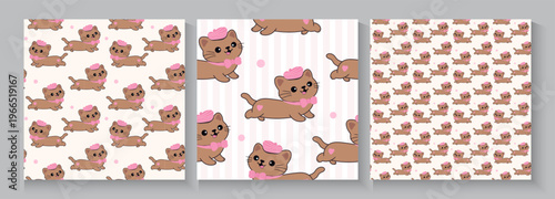 Set of Cute retro doodle cats. Funny abstract cat or kitten characters different poses, Seamless Pattern with Cute Cartoon Cat Design on White Background