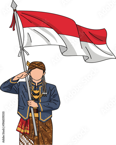 Person saluting while holding a red and white flag prominently displayed Vector