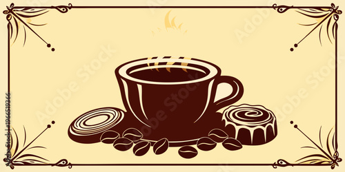 A decorative illustration featuring a cup of coffee and sweet treats