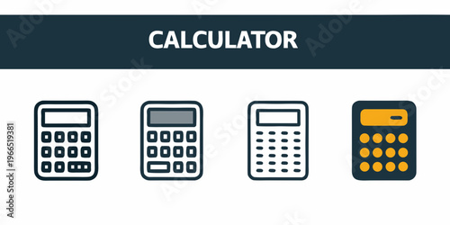 Four different calculator designs shown in a simple illustrative style