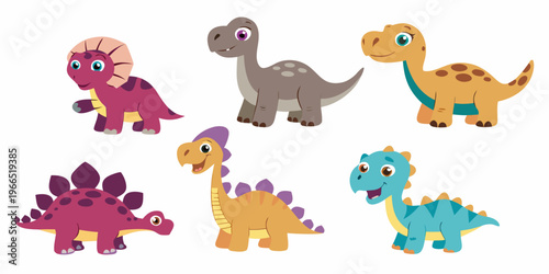 Cute cartoon dinosaurs in vibrant colors pose together cheerfully