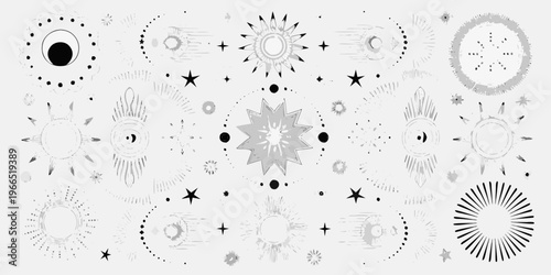 Abstract celestial patterns with stars suns and orbital designs