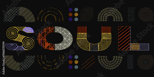 Abstract typographic art spells out the word soul with colorful patterns
