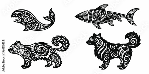 Black and white tribal art featuring a whale fish wolf and cat