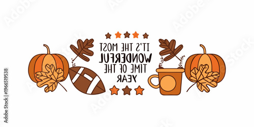 Autumnal arrangement featuring pumpkins leaves football and a cozy mug