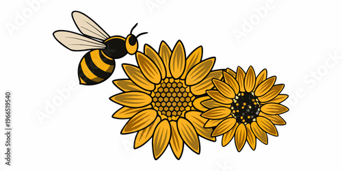 A vibrant illustration of a bee approaching yellow sunflowers