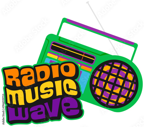 Music radio wave Y2K funky sticker or symbol. Radio audio Y2K groovy label, music record retro vector tag. Musical festival funky sticker or patch with radio receiver device and funky typography