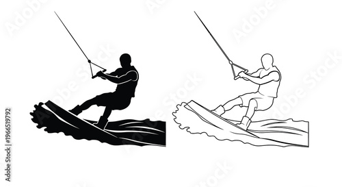Silhouette of a kitesurfer riding waves depicted twice in black and white