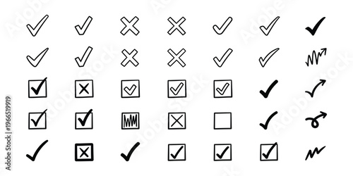 Collection of hand drawn check mark and cross symbols a variety of confirmation and rejection icons