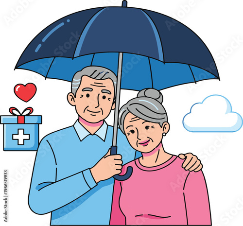 Elderly couple sharing a moment under an umbrella with love and gifts around them Vector