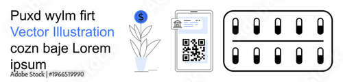 Mobile payments, digital transactions, e-commerce, financial growth, healthcare, pharmacy. QR code on a device, a plant with a dollar sign and a pill blister pack. Mobile payments and financial