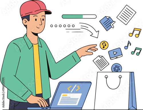 Man offering a variety of shopping and delivery options at a counter Vector