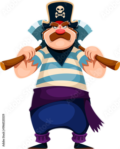Cartoon pirate warrior character in a striped shirt, blue trousers and purple sash. Corsair carrying two heavy wooden axes on shoulders. Vector mustached rover with menacing face, ready for sea fight