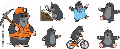 Cute Cartoon Mole Vector Set with Miner, Exploring, Cycling, Playing, and Reading Moles in Various Poses for Kids, Animal, and Educational Illustrations