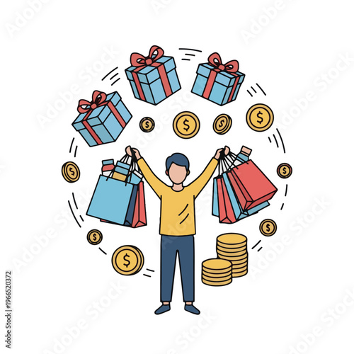Joyful person celebrating with shopping bags, gifts, and money icons around them. Vector
