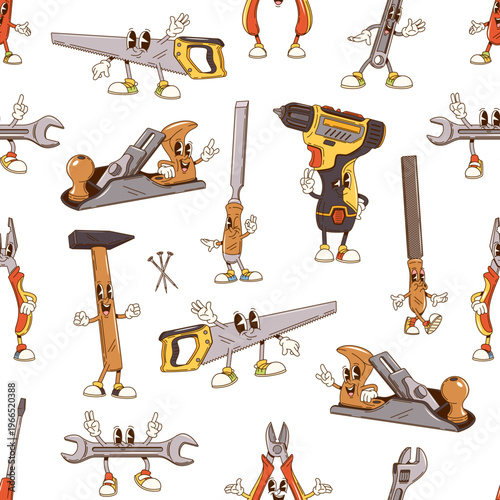 Groovy repair, construction diy tools characters seamless pattern with hammer, screwdriver, wrench, saw and drill, wrench, chisel, pliers or nails. Vector tile background with cartoon funny hand tools